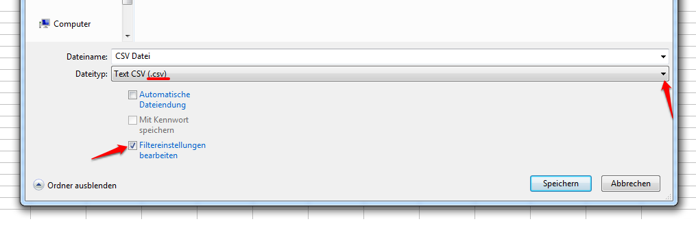 CSV Import Export Tabellen-Kalkulationsprogramm .csv Filtereinstellungen utf-8 Trennzeichen Texttrenner