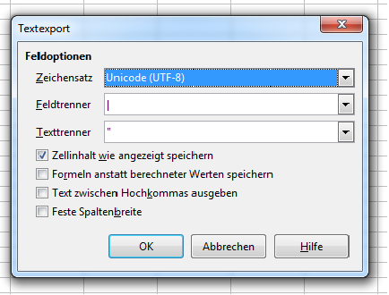CSV Import Export .csv Filtereinstellungen Tabellen-Kalkulationsprogramm Feldtrenner Trennzeichen Texttrenner Zeichensatz utf-8