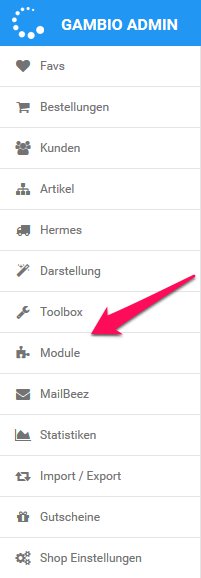 Gambio Admin Hauptmenü ohne magnalister