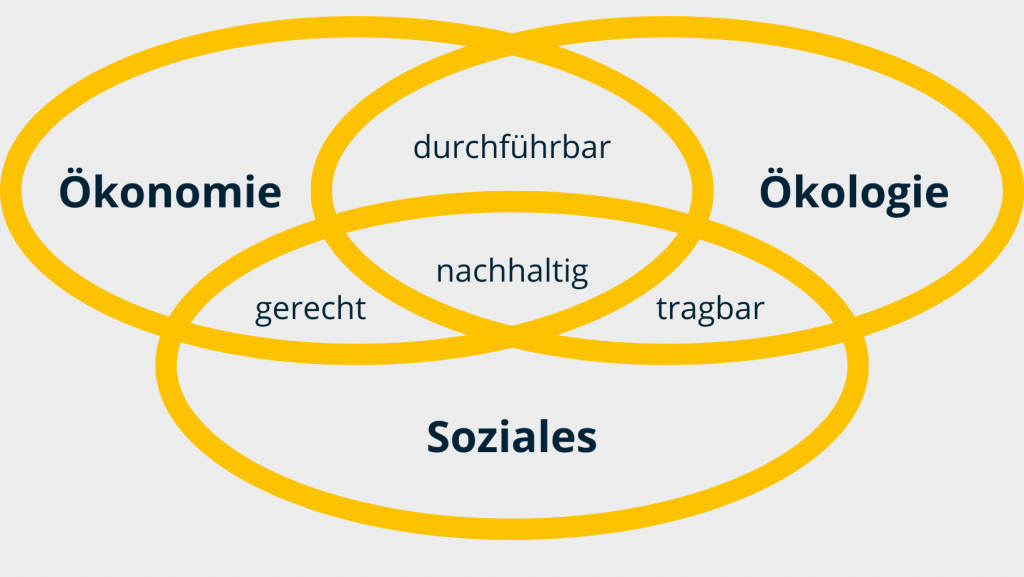 Die Ebenen der Nachhaltigkeit, Ökonomie, Ökologie und Soziales