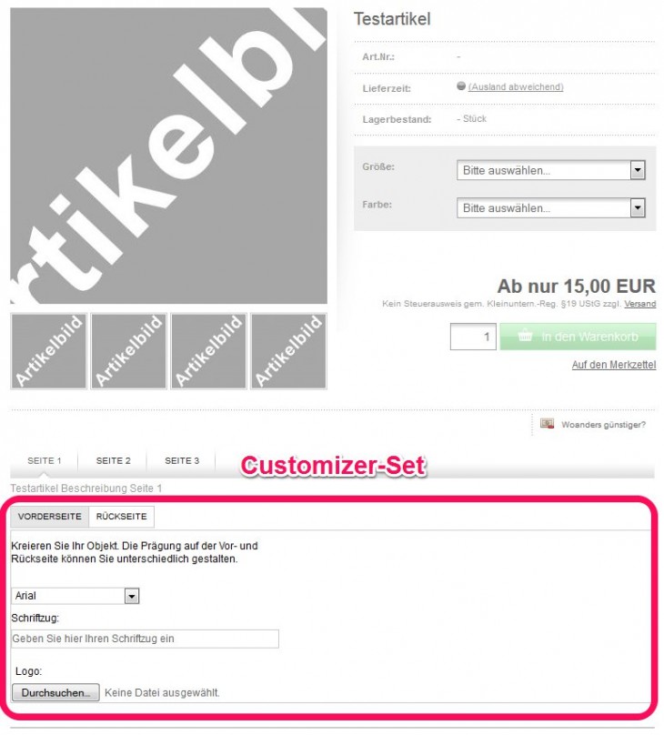 Customizer-Set in der Shopansicht