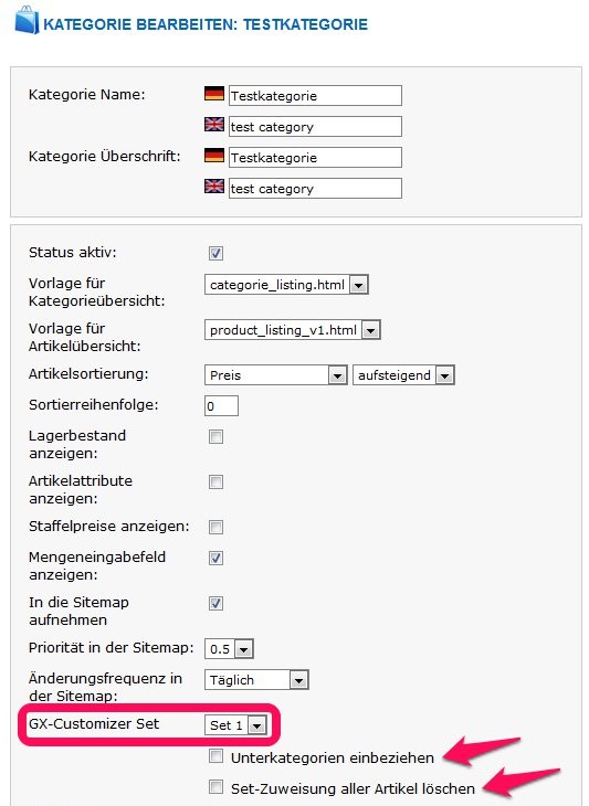 Eingabemaske der Kategorie