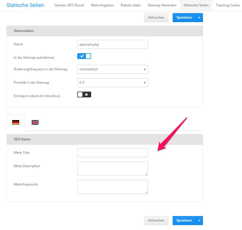 Im Gambio-Shop Meta-Angaben für statische Seiten hinterlegen - SEO-Update