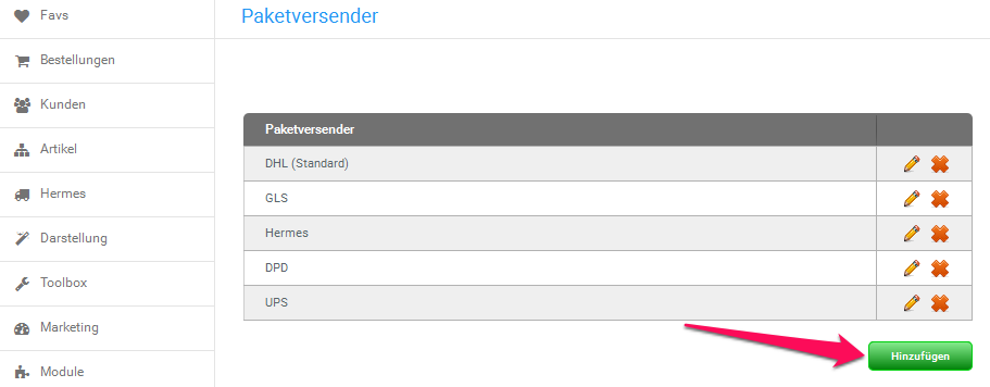 Featurevorstellung Sendungsverfolung Paketversender hinzufügen Gambio Admin