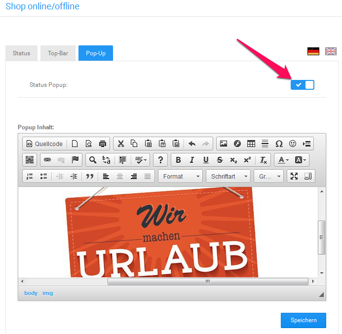 Featurevorstellung Urlaubsschaltung Gambio Admin Popup aktivieren
