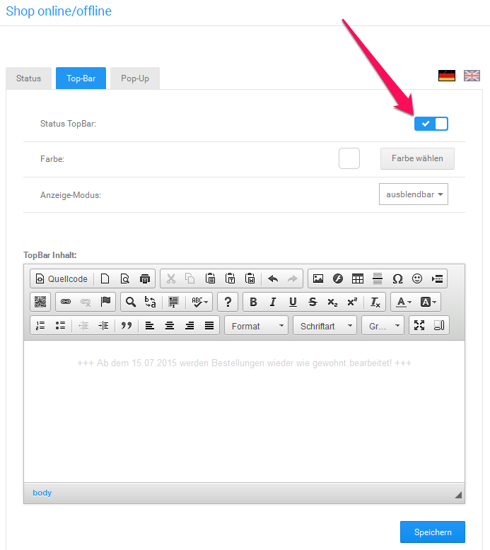Featurevorstellung Urlaubsschaltung Gambio Admin TopBar