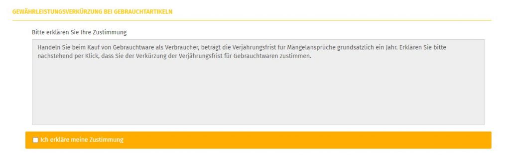 Anzeige der verkürzten Gewährleistung im Checkout