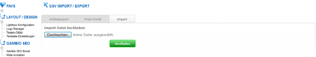 CSV Import Export Artikelimport Import-Datei CSV-Datei hochladen