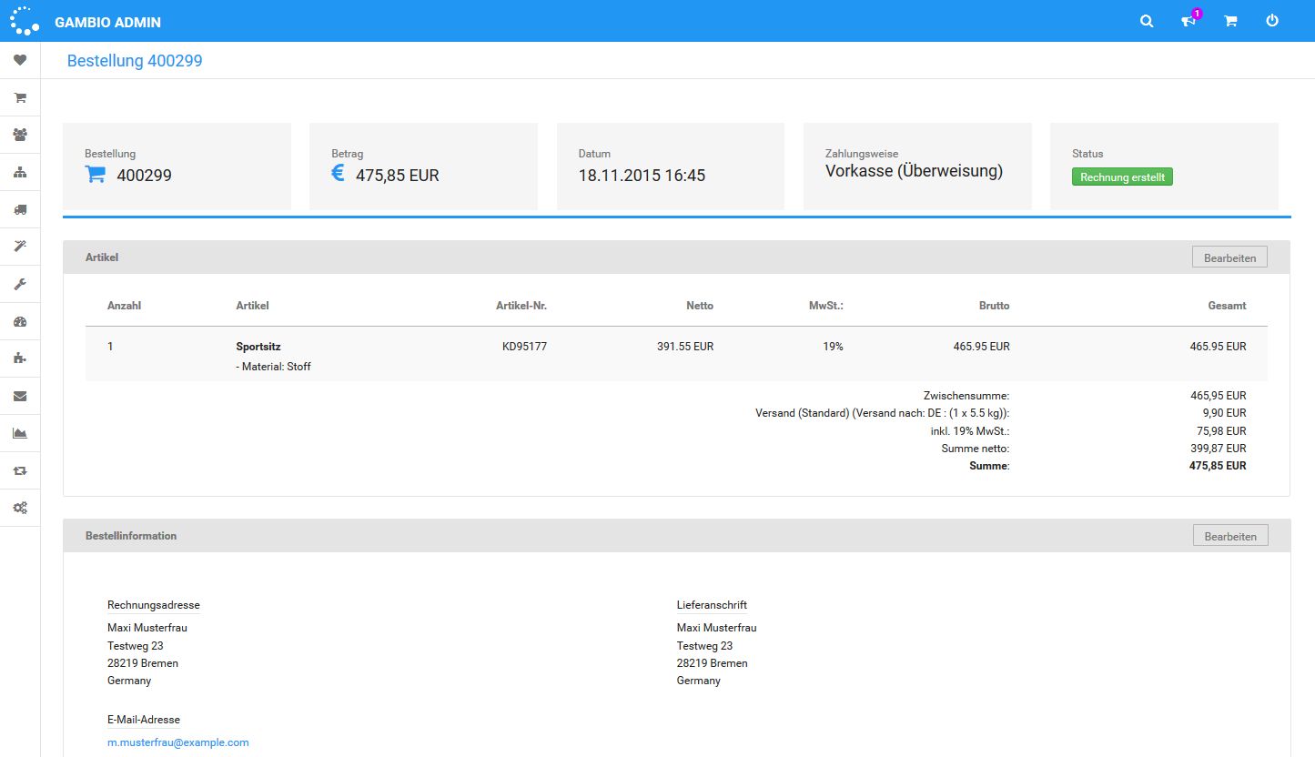 Gambio Admin Bestelldetails