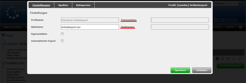 CSV Import Export CSV-Datei Einstellungen Texttrenner | Trennzeichen " artikelexport.csv