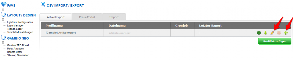 CSV Import Export CSV-Datei Profile bearbeiten oder kopieren Artikelexport