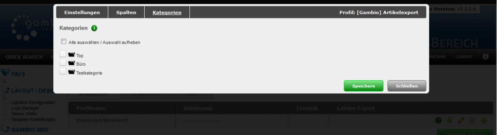 Import Export Profil bearbeiten Spalten Kategorien Unterkategorien auswählen