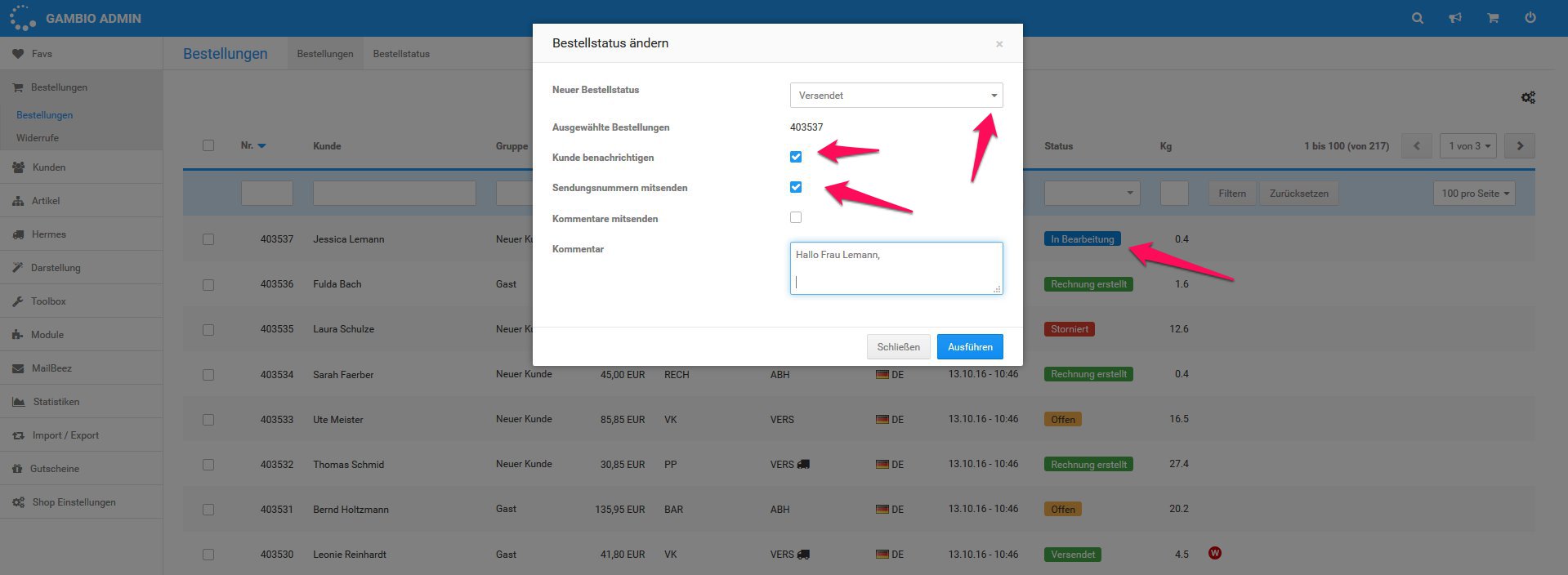 Bestellungen direkt aus der Übersicht bearbeiten | Gambio Bestellübersicht