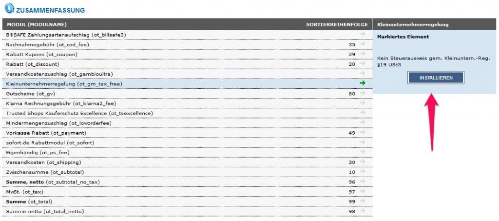 Modul Kleinunternehmerregelung installieren