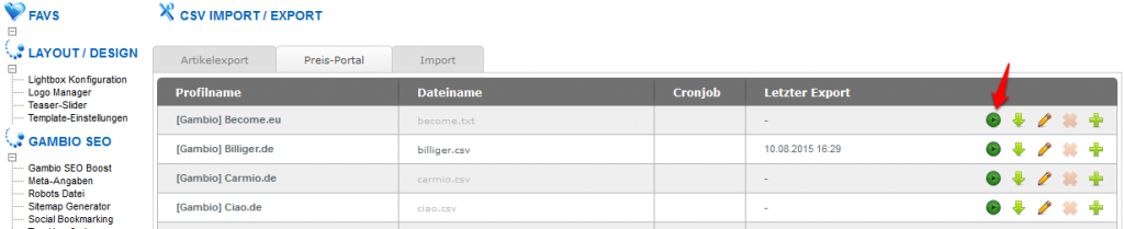 Preisportal Profil exportieren 