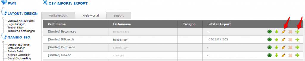Preisportal Profil bearbeiten kopieren Stift-Symbol Plus-Symbol