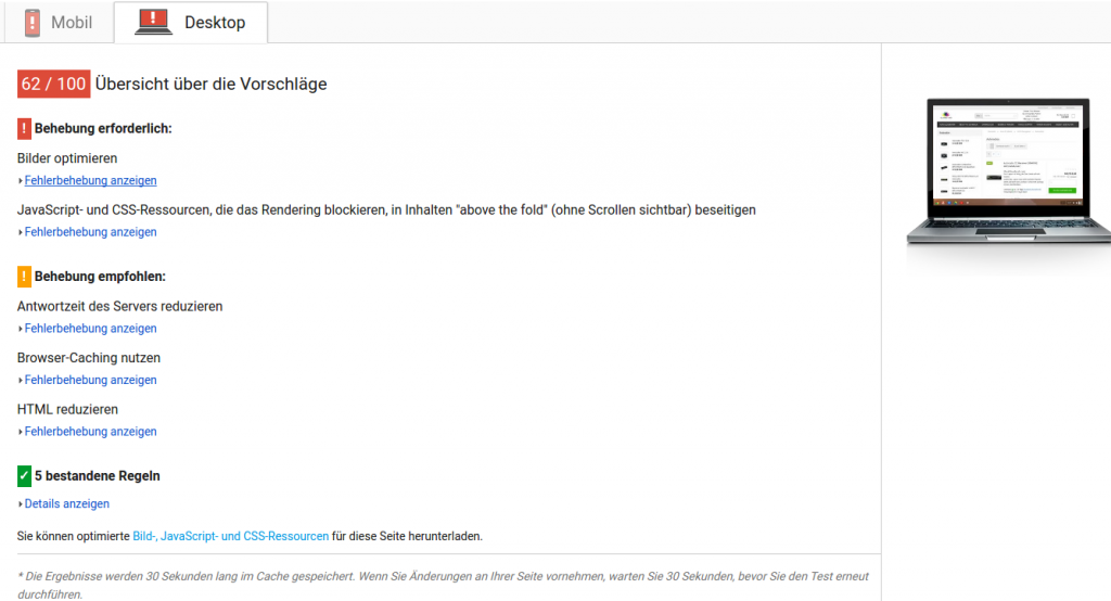 Pagespeed Bewertung nach der Änderung