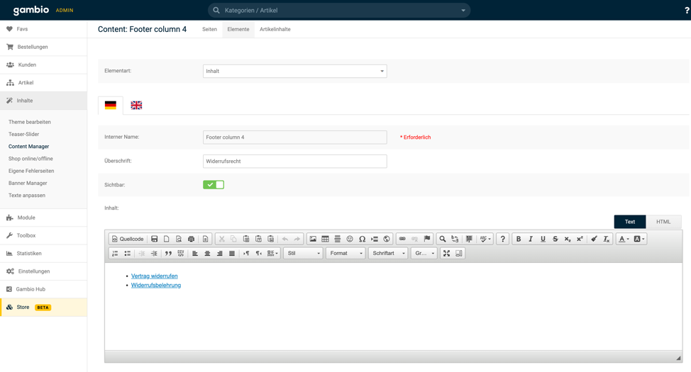 Figure 6 – Content editor mit Anzeige der Widerruf Links.