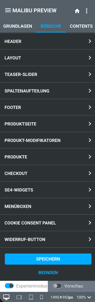 Figure 7 – Bereiche tab im Expertenmodus – Widerruf Button Panel